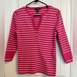 Ralph Lauren Hot Pink and White Ribbed Henley Top